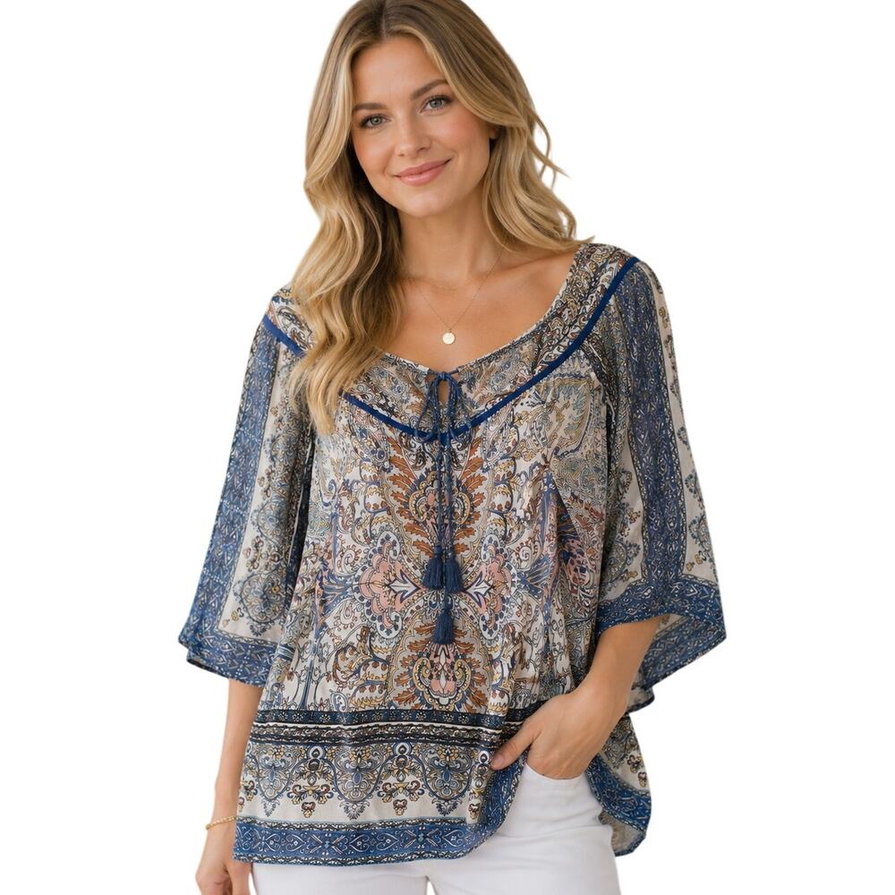 Analili Kimono Sleeve Top Womens Medium/Large Blue Multicolor Metallic Tassels